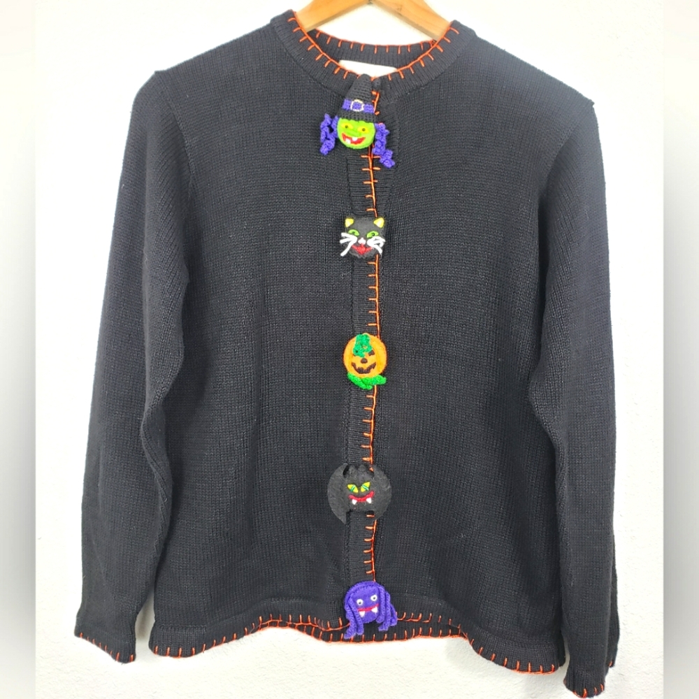 90s Vintage Halloween Button Front Cardigan Sweater Witch, Black Cat,Bat Buttons